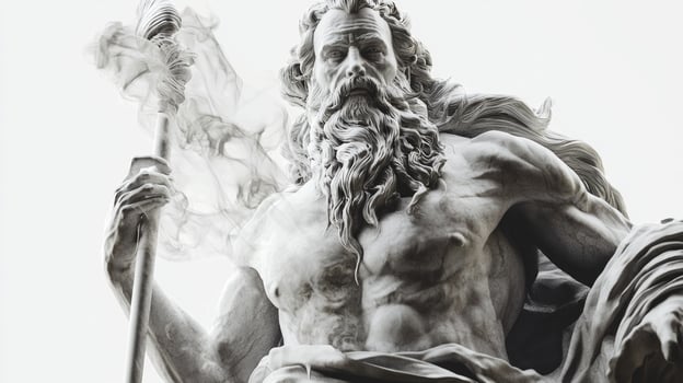Scandinavian god Ran in a striking stance brandishing a staff while exuding an aura of strength and mythology set against a plain white background. photo