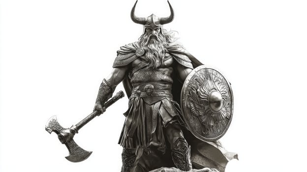 striking portrayal Scandinavian god Sif stands confidently equipped with a shield and axe highlighting strength and valor set against a pristine white background. photo