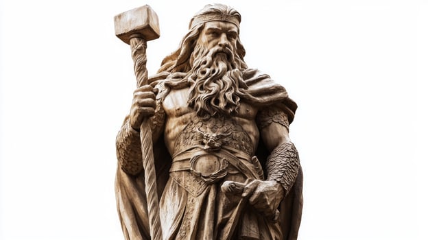 A striking representation of Thor the Scandinavian god of thunder showcasing his muscular physique and long hair wielding his iconic hammer Mjolnir in a powerful pose. photo
