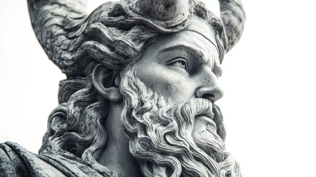sculpture presents Ve a prominent Scandinavian god with intricate details highlighting his majestic horns and expressive facial features set against a plain white backdrop. photo