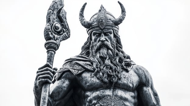 striking representation of Ve the Scandinavian god showcases his powerful presence. Clad in intricate armor he holds a majestic staff embodying strength and authority. photo