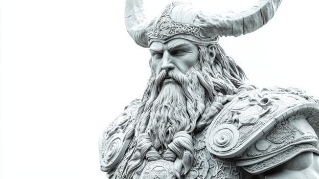 Vidar a powerful Scandinavian god known for his strength is depicted in a striking realistic manner. The white background enhances his imposing figure and detailed features. photo