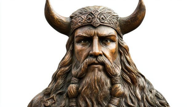 This artwork features Vili a Norse god characterized by intricate detailing in his fierce expression and attire. Set against a plain white background the emphasis is on his powerful presence. photo