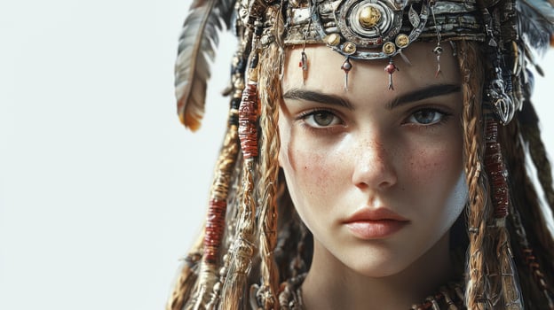 essence of the Slavic goddess Mara showcasing meticulous details in her adornments and captivating expression against a clean white backdrop. photo