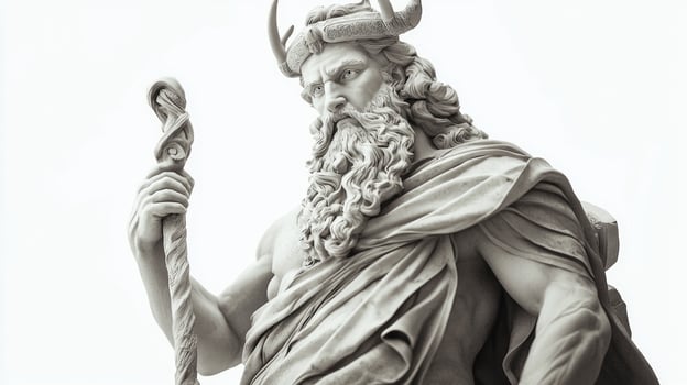 statue portrays Magni the Scandinavian god associated with strength showcasing his powerful presence and intricate stone details against a clean white backdrop. photo