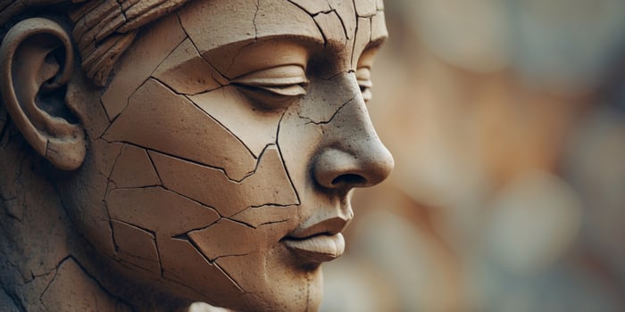 A statue of a woman with cracked skin photo