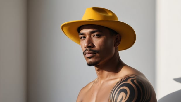 A man with a yellow hat and tattoos photo