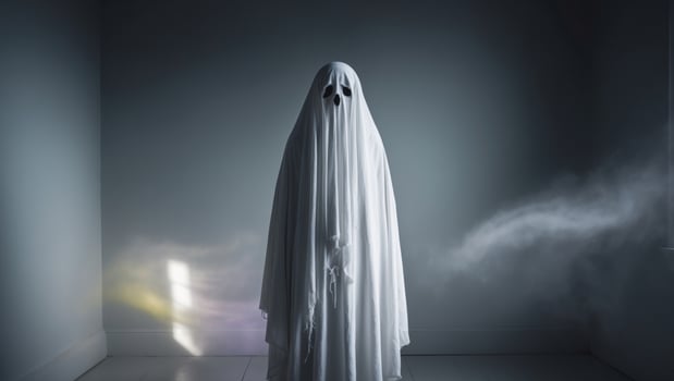 A ghostly figure standing in a room with smoke coming out of the wall photo