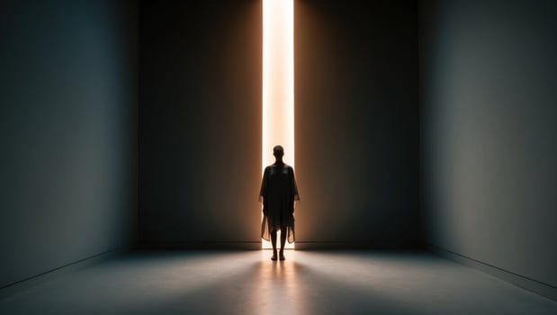 A person standing in a dark room with a light coming from the door photo