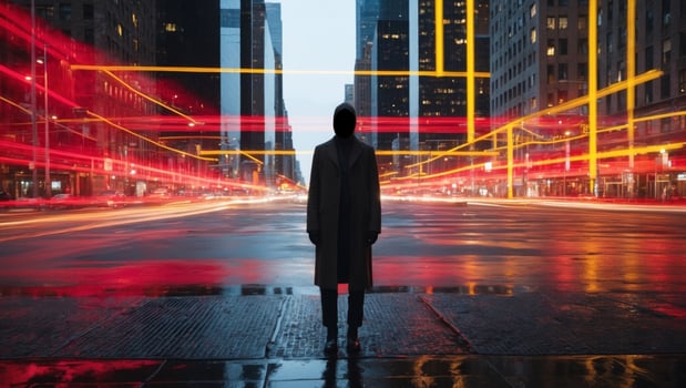 A man standing in the middle of a city street with red lights photo