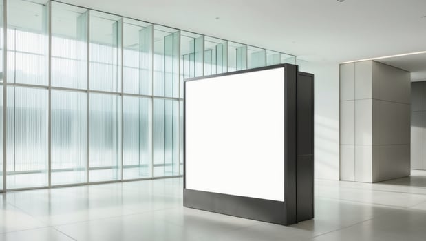 Blank Billboard Mockup in Modern Lobby with Glass Windows. photo