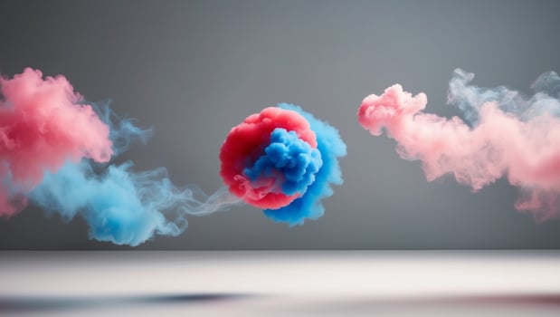Blue and Pink Smoke Clouds on Gray Background with Red and Blue Middle Cloud. photo