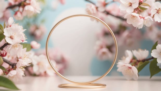 Golden Circle Frame with Pink Cherry Blossoms Spring Background. photo