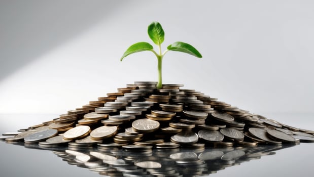 Green Sprout Emerging from a Pile of Coins. photo