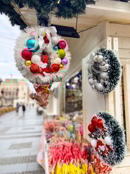 Decor on a festive Christmas market stall. Vibrant array of sweets. Inviting and cheerful atmosphere winter holidays. photo