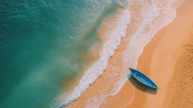 Blue water ocean wave and wooden boat on beach and sand aerial view photo