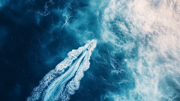 Speed boat on blue ocean water journey transportation aerial view photo