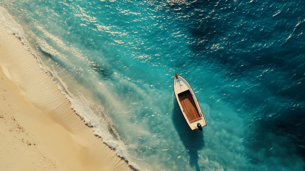 Blue water ocean wave and wooden boat on beach and sand aerial view photo