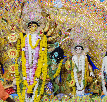 Goddess Durga with traditional look in close up view in Jhilmil Colony Delhi, Durga Puja Idol, A biggest Hindu festival in India photo