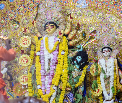 Goddess Durga with traditional look in close up view in Jhilmil Colony Delhi, Durga Puja Idol, A biggest Hindu festival in India photo