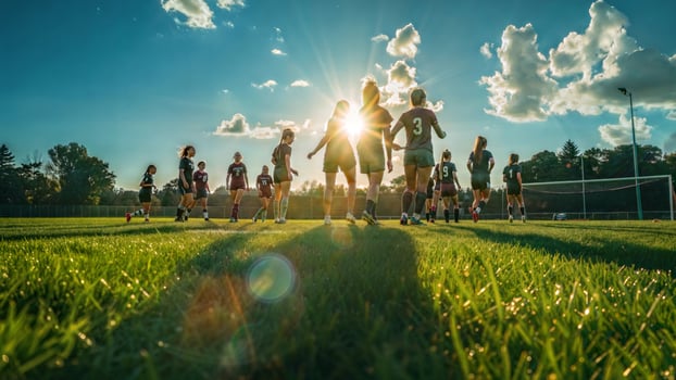 Soccer players on the field at sunset photo