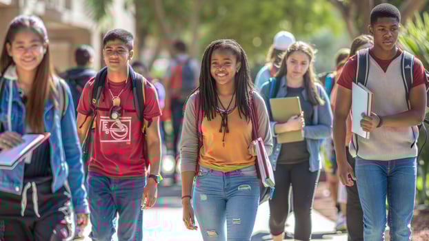 A group of young people walking down a sidewalk photo