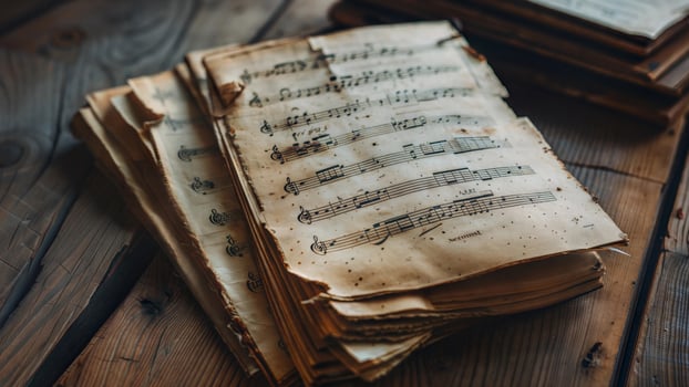 Old music sheet on a wooden table photo
