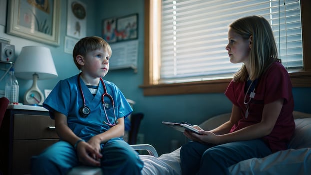 A young boy sitting on a bed with a nurse photo