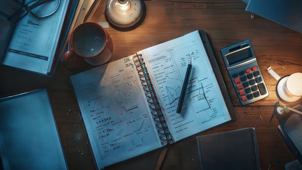 A notebook, pen, calculator and coffee cup are on a desk photo
