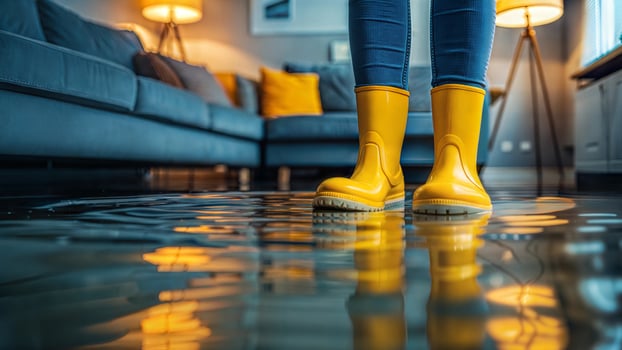 A person standing in a flooded room with yellow rain boots photo