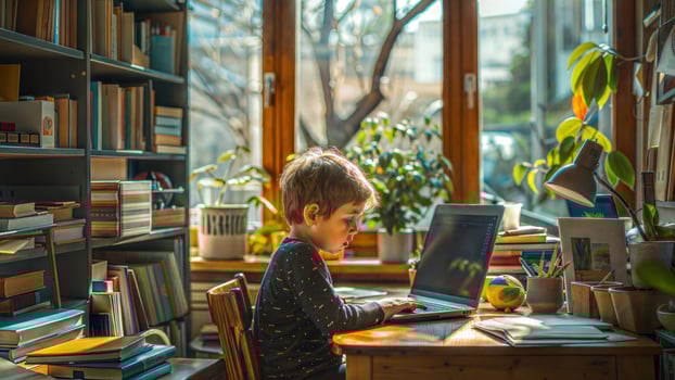 A young boy sitting at a desk with a laptop photo