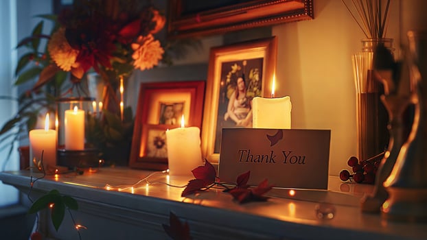 A fireplace mantel with candles and a thank you card photo