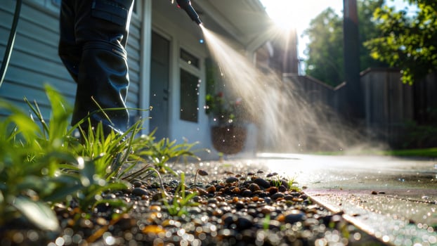 A person is spraying water on a garden photo