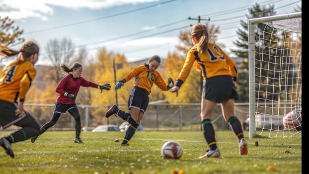 A group of girls playing soccer on a field photo