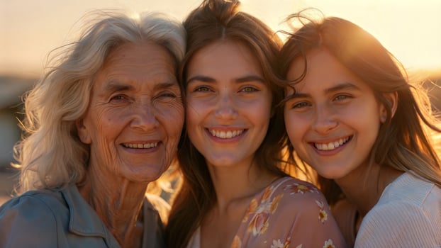 Three women smiling together at sunset photo