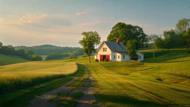 A farm house sits on a hill overlooking a green field photo