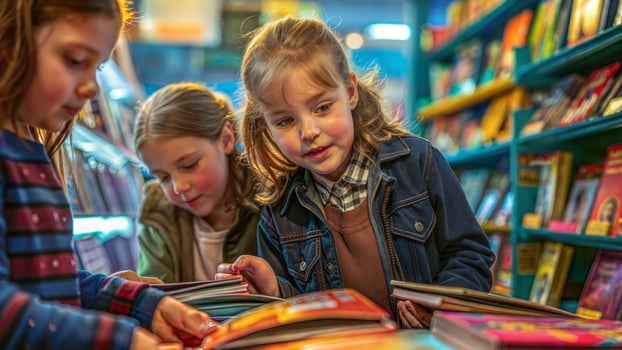 Three children are looking at books in a bookstore photo