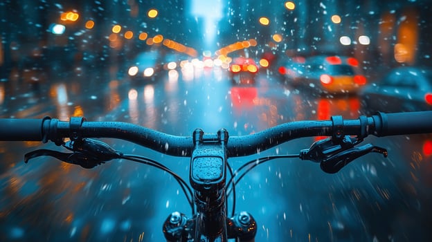 A close-up perspective of a bicycle handlebar on a rainy city street photo