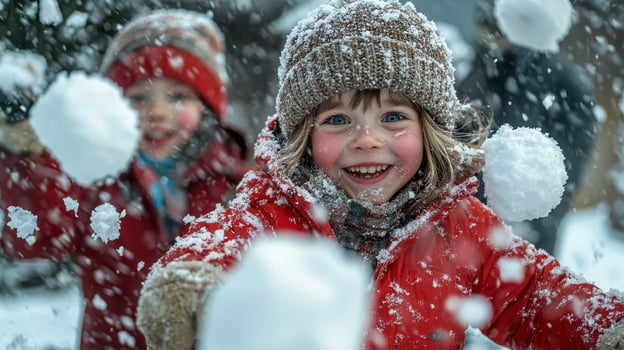 Kids Having a Snowball Fight, Joyful Winter Fun photo