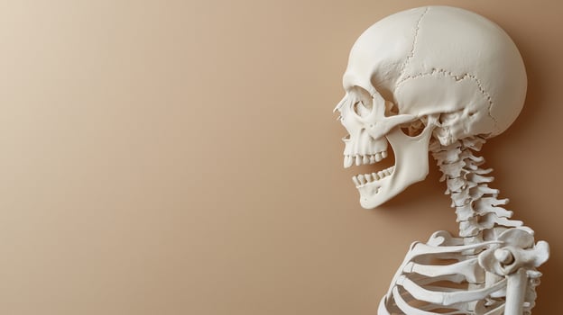 Skeleton head, chest, neck and shoulder of human from side view copy space white background photo