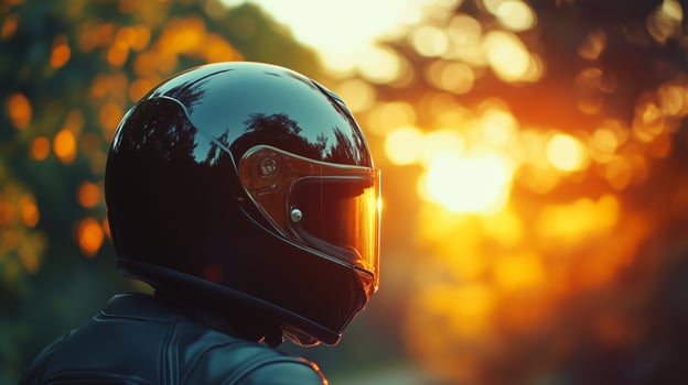 A man wearing black helmet motorcycle on road with sunset sunlight photo