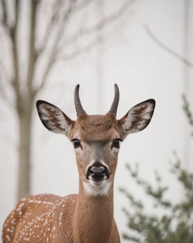 A tight shot of a deer's face with blurred trees in the background. photo