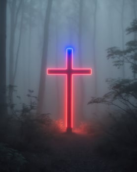 A cross in the forest emits a red and blue light from its top. photo