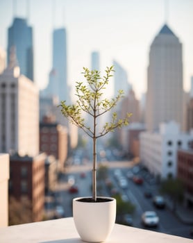 A small plant in a white pot on a balcony overlooking a city photo
