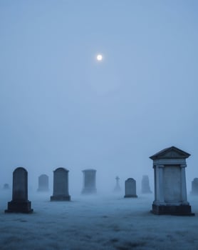 A cemetery with tombstones and a full moon photo