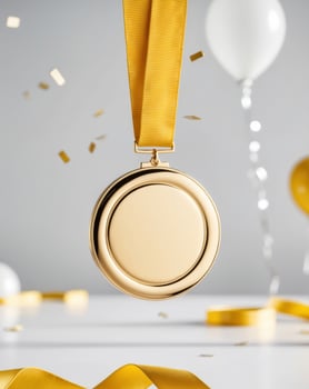 Gold medal with ribbon and confetti on white background photo
