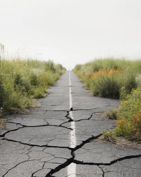 A cracked asphalt road with weeds growing along it photo