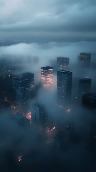 Aerial view of modern cityscape shrouded in fog with skyscrapers illuminated by warm lights photo