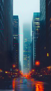 Bustling urban street with foggy skyscrapers and neon reflections in impressionistic style photo