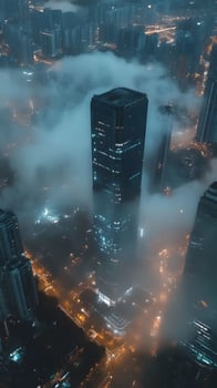 Aerial view of modern cityscape shrouded in fog with skyscrapers illuminated by warm lights photo